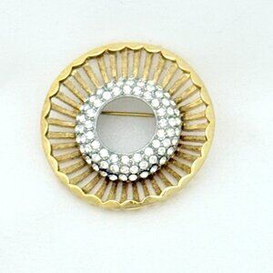 Vintage MCM Gold Tone Brooch Concave Geometric w/Pave Set Rhinestones